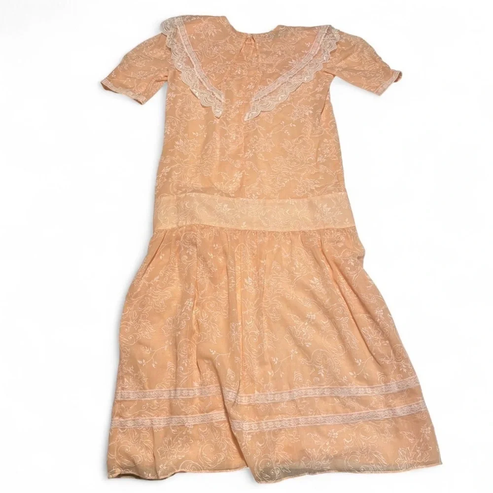 Vintage Gunne Sax Dress XS 3 Peach Sheer Lace Drop Waist Floral Cottagecore - Picture 5 of 8